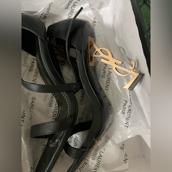 Saint Laurent Black Heels with Gold Logo Accent - Picture 1 of 9